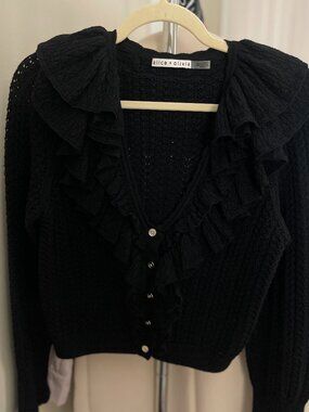 Alice + Olivia- BLACK EILEEN RUFFLE CARDIGAN